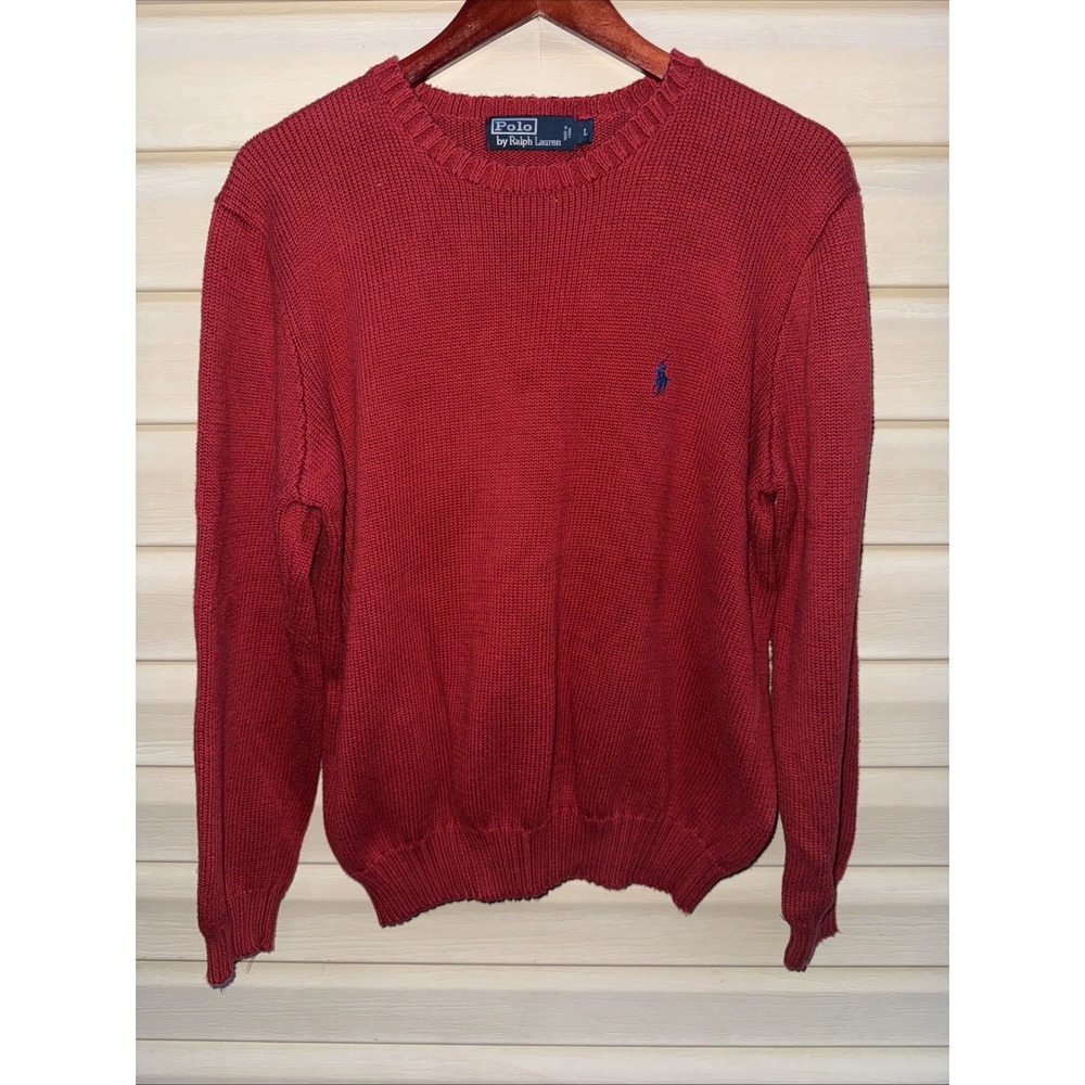 VTG Polo Ralph Lauren Sweater Mens Large Red  Crewneck Pima Cotton Blue Pony